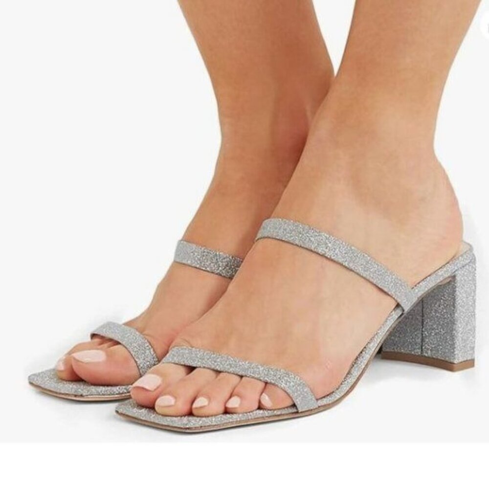 YDN Silver Glitter Open Square Toe Mules Block Heel Double Straps Sandals